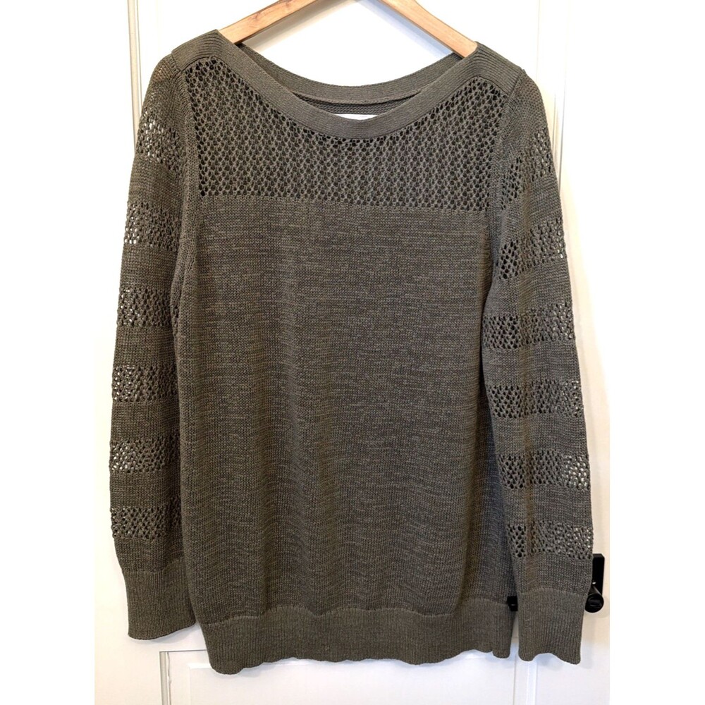 LOFT Open-Knit Lightweight Pullover Sweater Olive Green Boat Neck XL Beach Boho